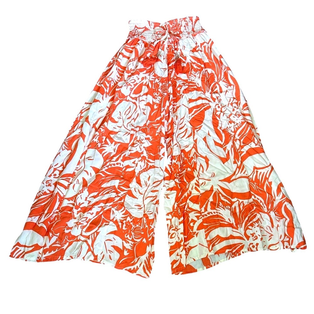True Destinations Orange Floral Botanical Wide Leg Pants, Small, Beach Resort - Picture 2 of 9